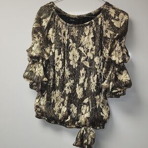 Metallic Gold Top with Puffed Sleeves and Tie Chiffon